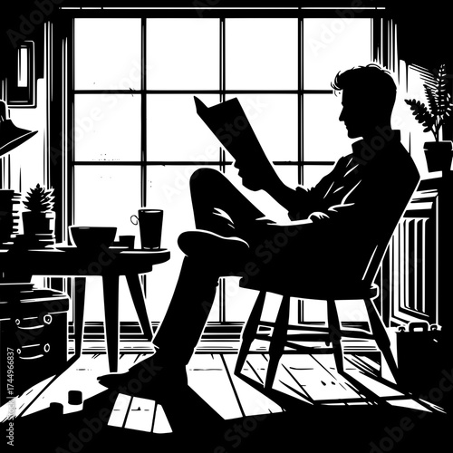Black and White Vector Silhouette of a Man Sitting on Chair and Reading Newspaper