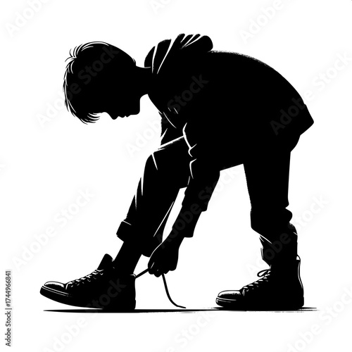 Black and White Vector Silhouette of a Boy Tying Shoelaces