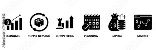 Market economy icon set vector illustration for economic, supply demand, competition, planning, capital, market