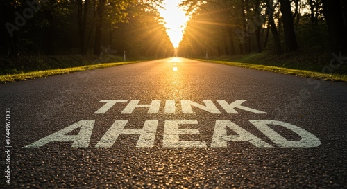 An empty road with the words Think Ahead under the morning sun