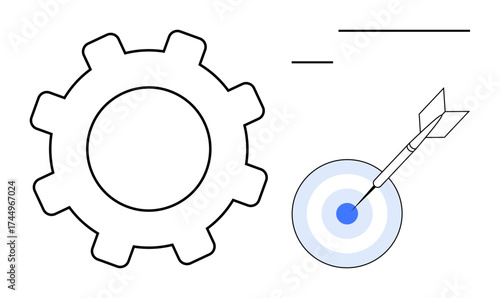 Large gear beside dart hitting bullseye in target. Ideal for productivity, innovation, teamwork, problem-solving, success, performance, and goal setting. A simple flat metaphor