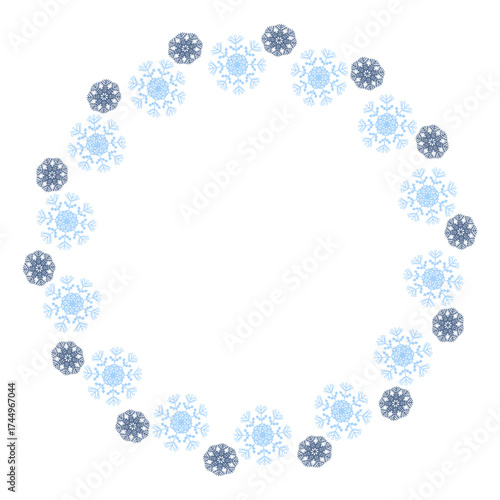 Vector round frame of snowflakes isolated on white background. Suitable for Christmas design of stickers, labels, cards.