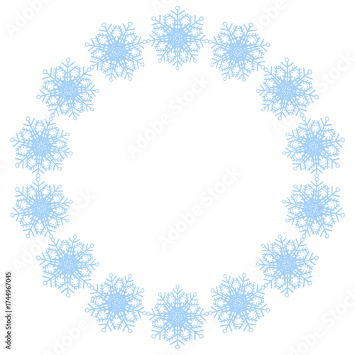 Vector round frame of snowflakes isolated on white background. Suitable for Christmas design of stickers, labels, cards.