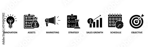 Business plan icon set vector illustration for innovation, assets, marketing, strategy, sales growth, schedule, and objective
