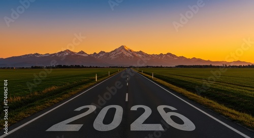 A straight road leading towards the future with the year 2026 displayed