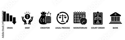 Bankruptcy icon set vector illustration for crisis, debt, creditor, legal process, moratorium, court order, and bank