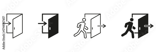 Open Door With Arrow And Person Icon Set. Entry And Exit Direction, Movement, And Navigation Outline And Silhouette Symbol Collection. Pathway Guidance. Isolated Vector Illustration