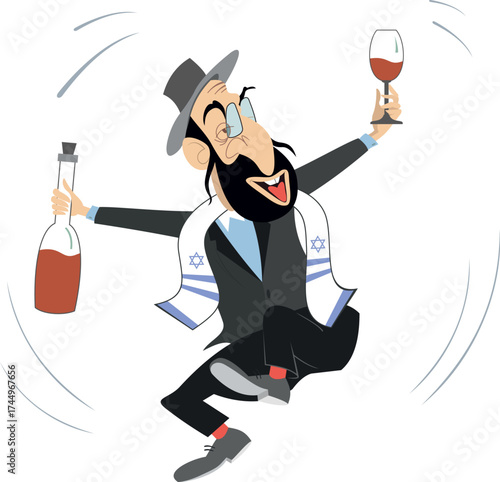 Hanukkah celebrating. Jewish man holding a bottle of wine and vine glass in the hands