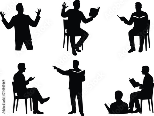 People reading and speaking, storytelling silhouettes, education and learning concept, public speaking illustration, literature discussion, teaching activity, cad drawing flat vector