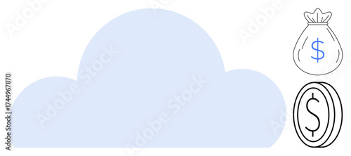 Cloud with adjacent dollar coin and money bag visualizing financial security, savings, and digital economy. Ideal for finance, technology, online savings, data management, budgeting, cloud economy