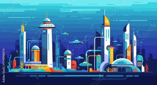 Vibrant futuristic underwater city with advanced architecture.