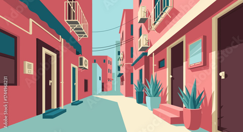 Vibrant Mediterranean Alleyway with Architectural Details and Lush Plants.