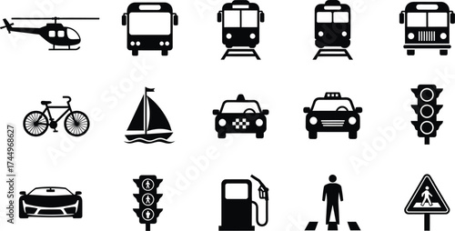 Collection of diverse transportation and traffic icons for urban mobility and travel concepts.