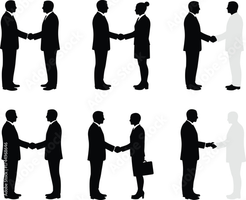 Business handshake silhouettes, male and female figures, professional agreement, diversity in workplace, corporate deal, partnership, transition, evolution, teamwork, collaboration