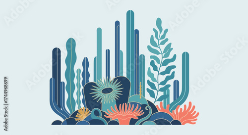 Vibrant underwater coral reef ecosystem with diverse marine flora.