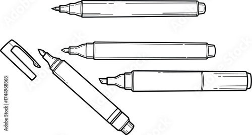 Four felt tip markers, one with its cap open, arranged on a white background in a clean line art illustration.