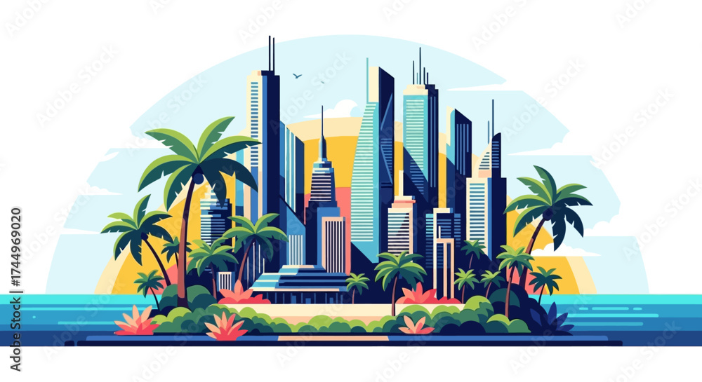 Obraz premium Vibrant urban skyline illustration on a tropical paradise island.