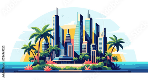 Vibrant urban skyline illustration on a tropical paradise island.