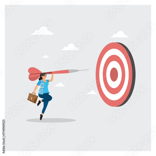 Courage businesswoman jumps to launch a large arrow towards the target.
