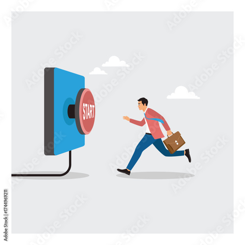 Businessman run to push red start button to start new business.