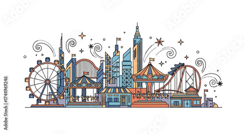 Whimsical Amusement Park Skyline Illustration with Ferris Wheel and Roller Coaster.