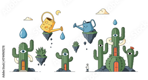 Whimsical Cacti Characters Watering Each Other with Joyful Expressions.