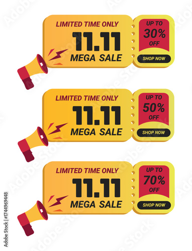 Isolated Bundle of illustration Voucher Promotion 11.11 Mega Sale 30%, 50% and 70% Limited Time Only in Yellow Voucher Illustration for Event Sales 11 November