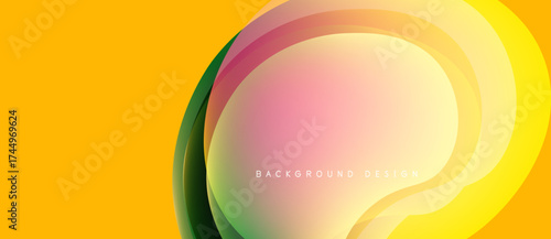 Abstract yellow background features layered, translucent curves. Pink, green, white hues blend smoothly creating dynamic visual effect. Modern design.