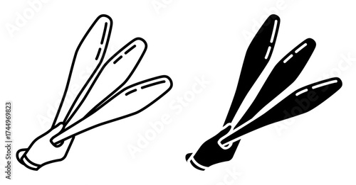 Line icon. Hands of a circus juggler holds juggling clubs. Simple black and white vector isolated on white background