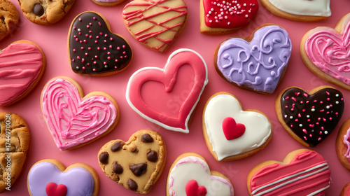 assortment of heart-shaped cookies with various frosting designs and colors, laid out on a vibrant pink background