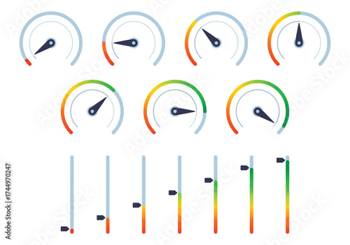 Gauge Levels V2 visuals depict performance tracking via colored meters, needles, and sliders, expressing status from low risk to optimal range. Outline style collection