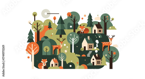 Whimsical Forest Village Illustration with Animals and Cozy Houses.