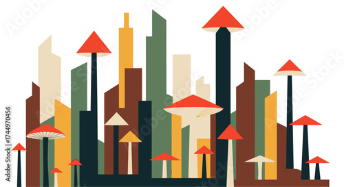 Whimsical Mushroom Cityscape with Abstract Buildings and Fungi Structures.
