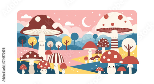 Whimsical mushroom forest illustration with various colorful fungi and smiling faces.