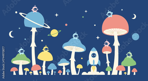 Whimsical space mushrooms with rocket and planets, a cosmic fantasy scene.