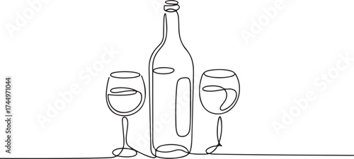 Continuous Line Drawing Wine Bottle and Glass Drink Alcohol Beverage