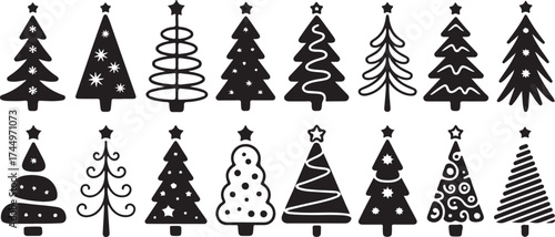 Christmas tree cartoon black glyph set. Hand drawing monochrome xmas trees collection. New Year traditional design ornaments, stars or garlands. Stylized symbol for holiday flat vector illustration