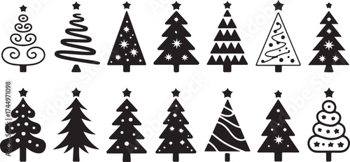 Christmas tree cartoon black glyph set. Hand drawing monochrome xmas trees collection. New Year traditional design ornaments, stars or garlands. Stylized symbol for holiday flat vector illustration