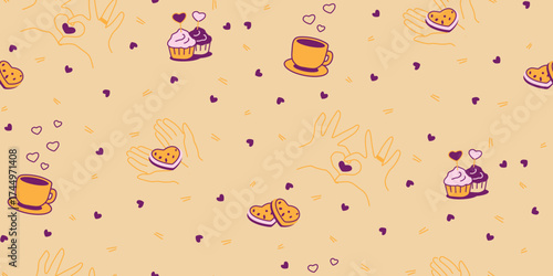 Cute seamless Valentine’s Day pattern with coffee cups, croissants, cupcakes and tiny hearts on beige background, perfect for romantic cafe and bakery designs	
