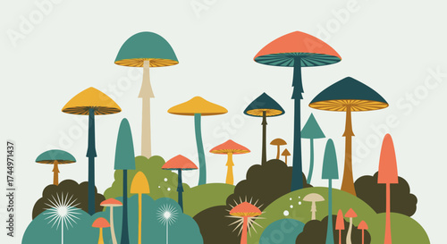Whimsical Woodland Mushroom Forest Illustration.