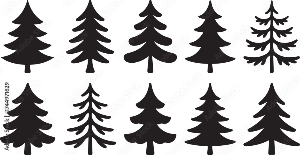 Obraz premium Christmas tree silhouette stamp black glyph set. Holiday sticker different shape forest natural evergreen object. Monochrome element for holiday card decor new year simple print simple isolated white