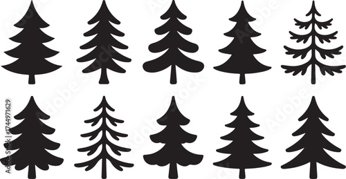 Christmas tree silhouette stamp black glyph set. Holiday sticker different shape forest natural evergreen object. Monochrome element for holiday card decor new year simple print simple isolated white