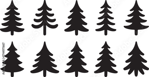 Christmas tree silhouette stamp black glyph set. Holiday sticker different shape forest natural evergreen object. Monochrome element for holiday card decor new year simple print simple isolated white