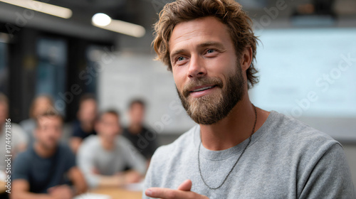 young man smiling indoors in casual business style
