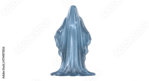 Isolated ethereal iridescent ghost or ghoul draped in fabric, otherworldly form mystic entity