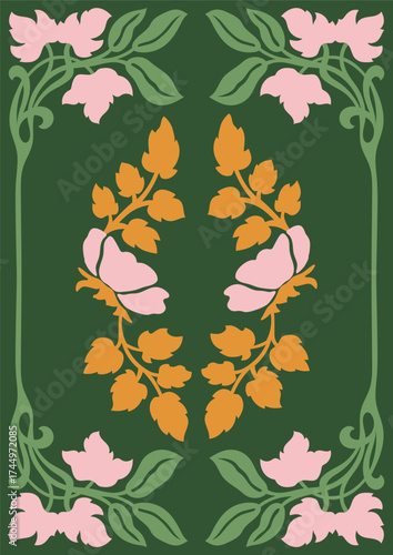 Art Nouveau style illustration vector poster. Vintage print design with abstract  floral composition in whimsical frame