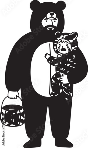 Man in bear costume holding child, father and kid matching outfits, cute animal onesie vector art