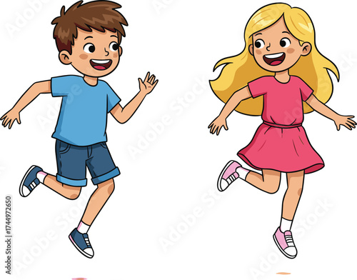 Cartoon children skipping, joyful boy and girl, playful kids illustration, cheerful motion, colorful childhood fun, happy expressions, educational design