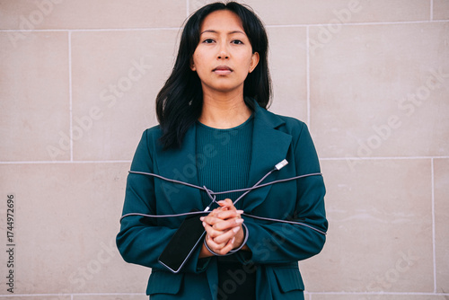 Businesswoman in business attire trapped by smartphone cord outdoors