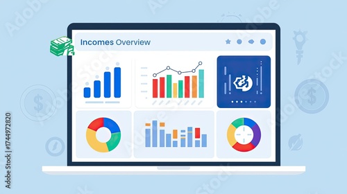 Flat design vector illustration of a business financial dashboard, showing income overview with bar chart, pie chart, and line graph. Clean infographic style suitable for presentations, reports, and m